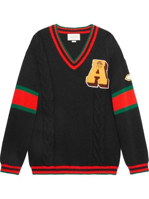 gucci solid cable knit sweater with signature stripe tied neckline